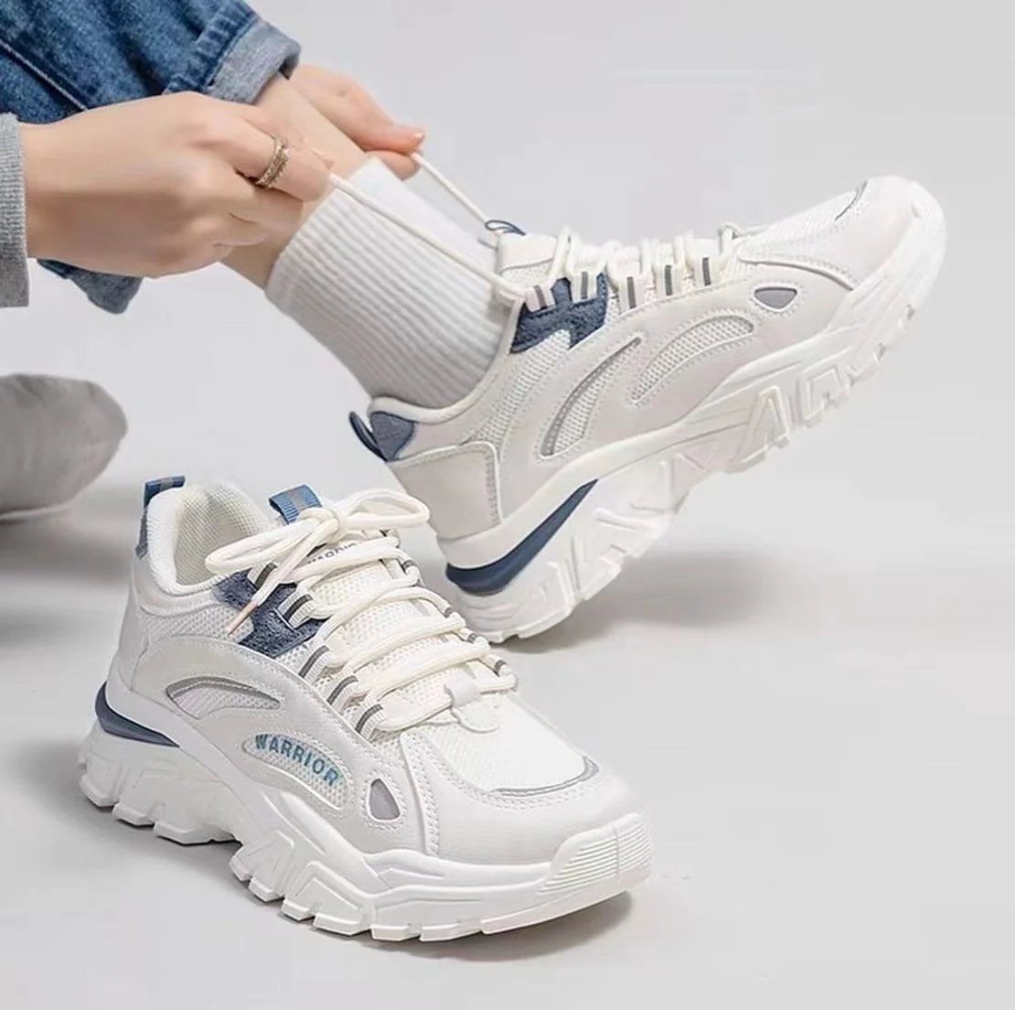 Warrior Thick Sole Height Increasing Dad Shoes - White/Blue - Image 3