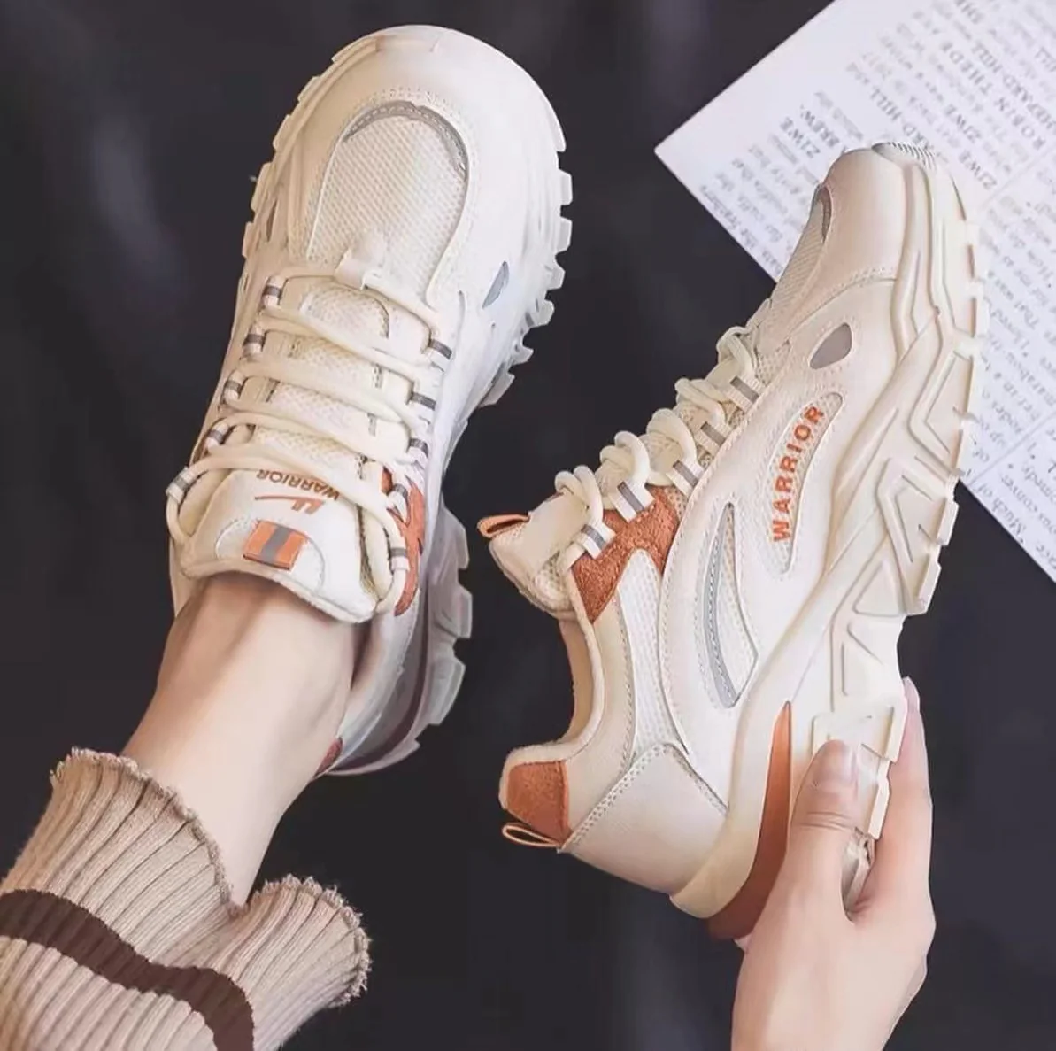 Warrior Thick Sole Height Increasing Dad Shoes - White/Orange - Image 2